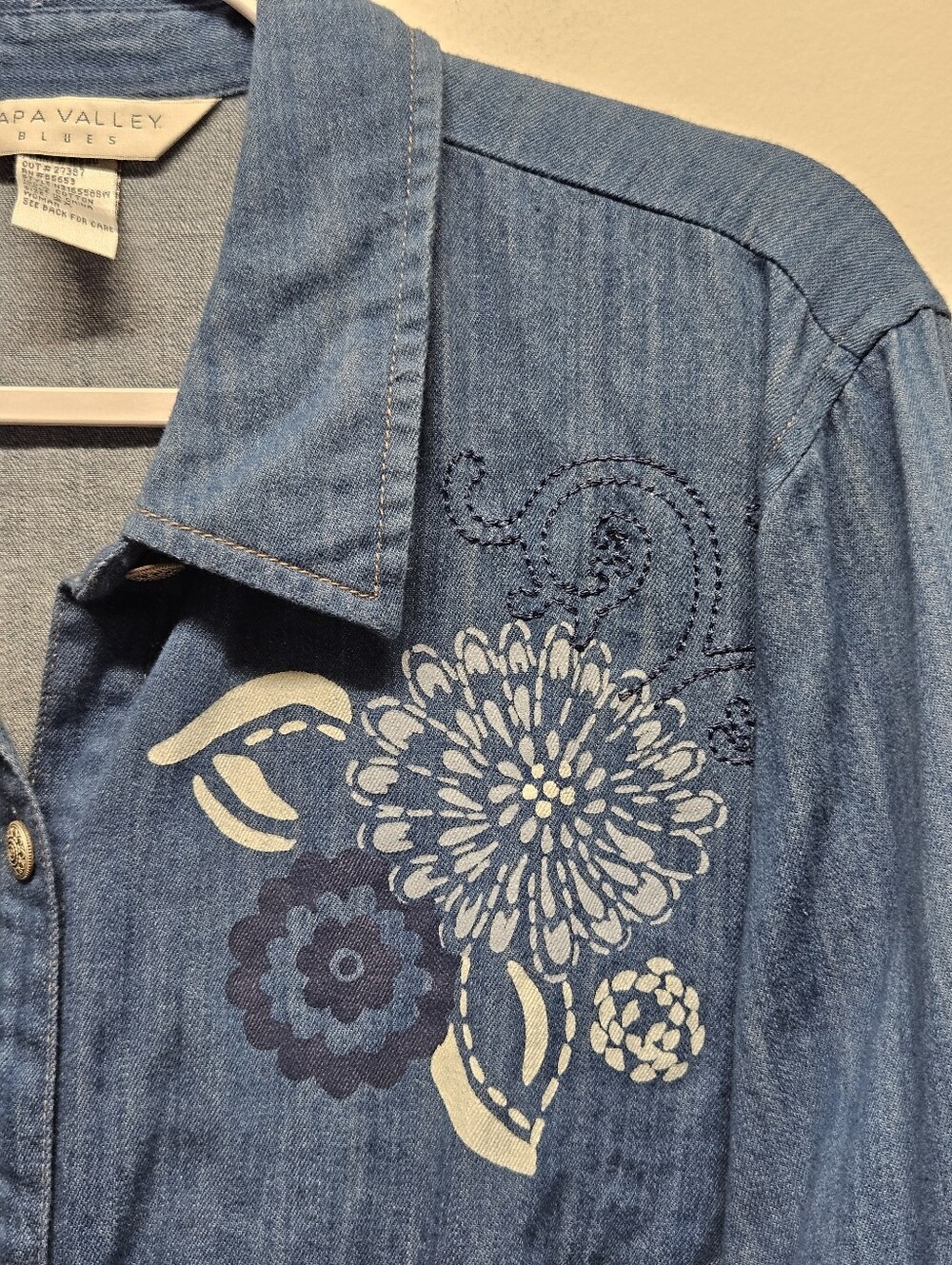 Napa Valley Blues 2X Plus Denim Floral Print Button Up Long Sleeve Shirt Boho - Picture 8 of 14